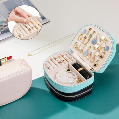 Travel Size Jewelry Box, Medium Portable Seashell-Shaped Jewelry Case, 2 Layer Jewelry Organizer in PU Leather for Women -Black