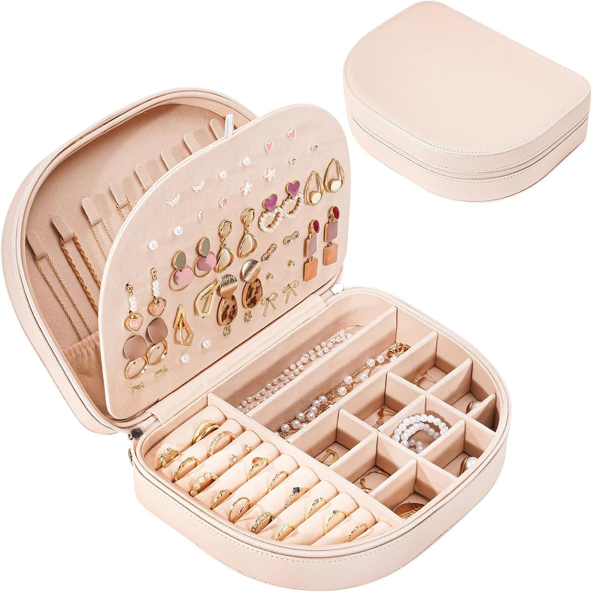 Travel Size Jewelry Box, Medium Portable Seashell-Shaped Jewelry Case, 2 Layer Jewelry Organizer in PU Leather for Women -Black