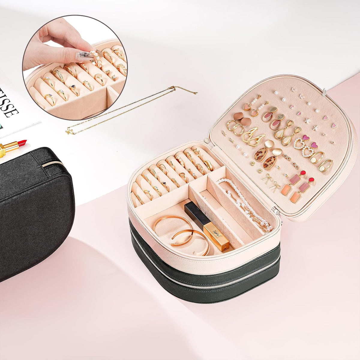 Travel Size Jewelry Box, Medium Portable Seashell-Shaped Jewelry Case, 2 Layer Jewelry Organizer in PU Leather for Women -Black