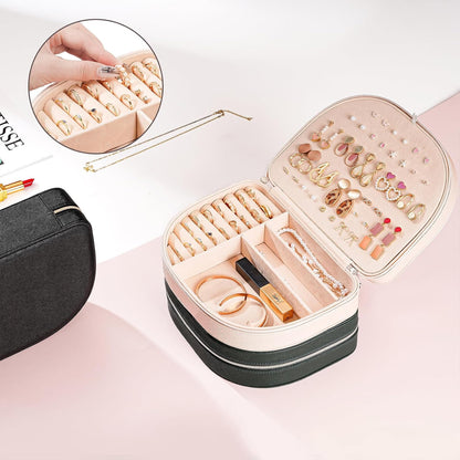 Travel Size Jewelry Box, Medium Portable Seashell-Shaped Jewelry Case, 2 Layer Jewelry Organizer in PU Leather for Women -Black