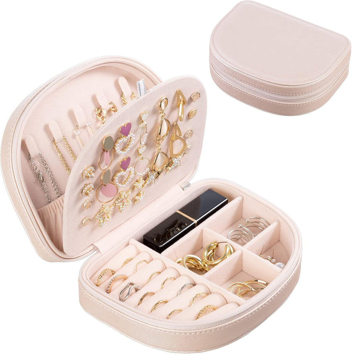 Travel Size Jewelry Box, Medium Portable Seashell-Shaped Jewelry Case, 2 Layer Jewelry Organizer in PU Leather for Women -Black