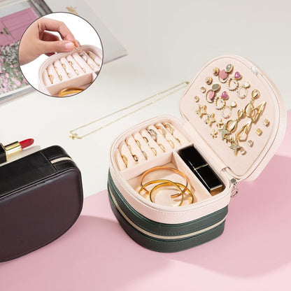 Travel Size Jewelry Box, Medium Portable Seashell-Shaped Jewelry Case, 2 Layer Jewelry Organizer in PU Leather for Women -Black