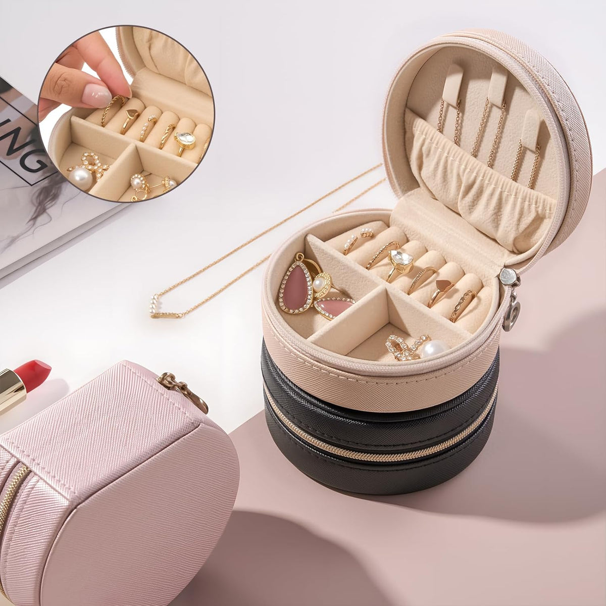 Travel Size Jewelry Box, Medium Portable Seashell-Shaped Jewelry Case, 2 Layer Jewelry Organizer in PU Leather for Women -Black