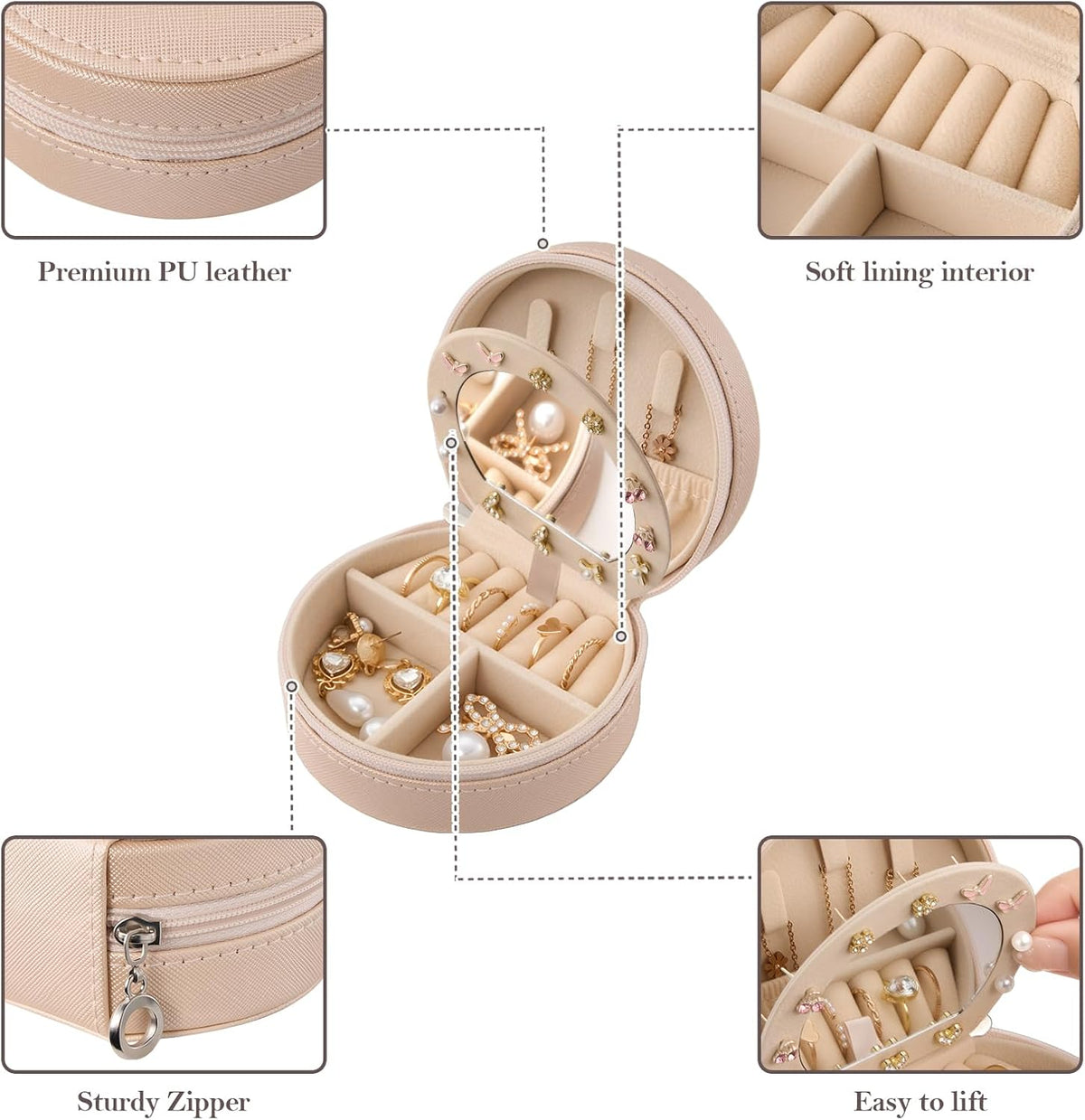 Travel Size Jewelry Box, Medium Portable Seashell-Shaped Jewelry Case, 2 Layer Jewelry Organizer in PU Leather for Women -Black