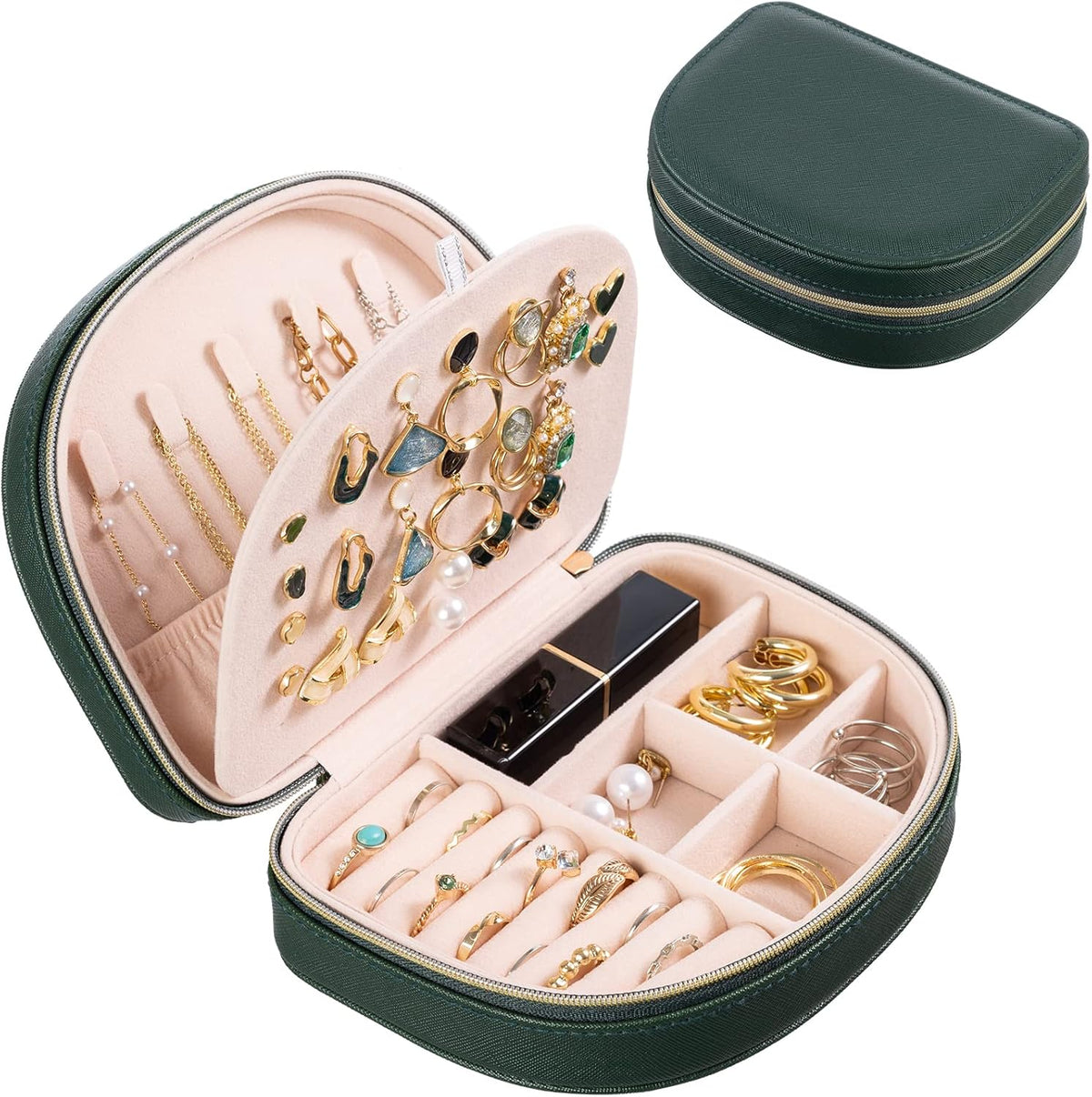 Travel Size Jewelry Box, Medium Portable Seashell-Shaped Jewelry Case, 2 Layer Jewelry Organizer in PU Leather for Women -Black