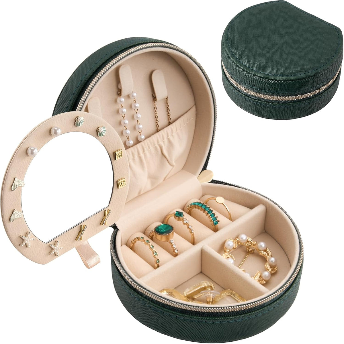 Travel Size Jewelry Box, Medium Portable Seashell-Shaped Jewelry Case, 2 Layer Jewelry Organizer in PU Leather for Women -Black