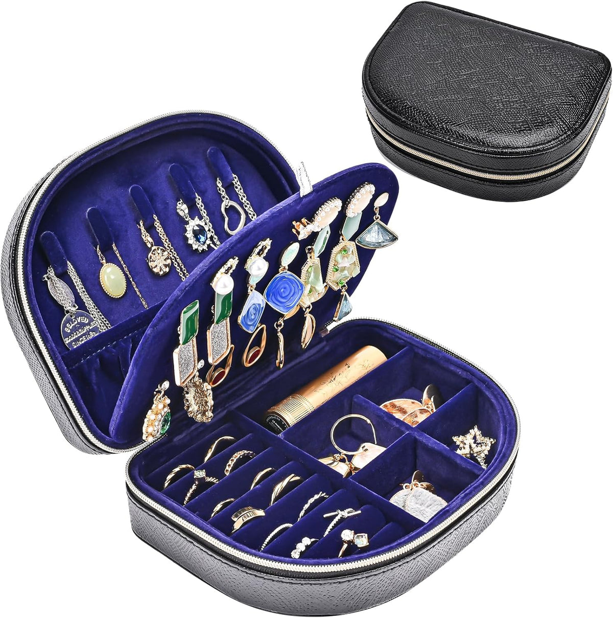 Travel Size Jewelry Box, Medium Portable Seashell-Shaped Jewelry Case, 2 Layer Jewelry Organizer in PU Leather for Women -Black