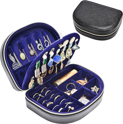 Travel Size Jewelry Box, Medium Portable Seashell-Shaped Jewelry Case, 2 Layer Jewelry Organizer in PU Leather for Women -Black
