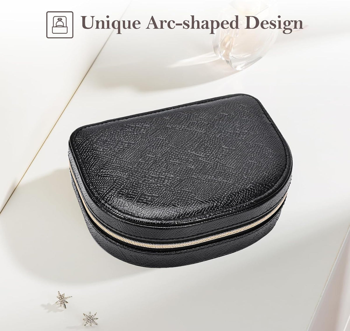 Travel Size Jewelry Box, Medium Portable Seashell-Shaped Jewelry Case, 2 Layer Jewelry Organizer in PU Leather for Women -Black