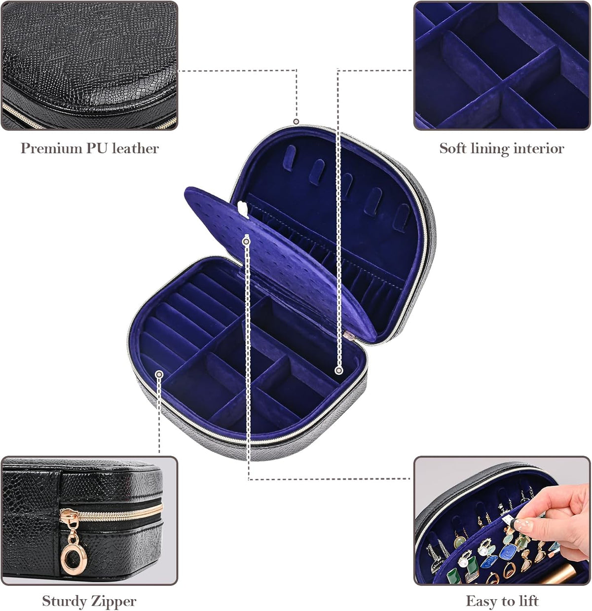 Travel Size Jewelry Box, Medium Portable Seashell-Shaped Jewelry Case, 2 Layer Jewelry Organizer in PU Leather for Women -Black