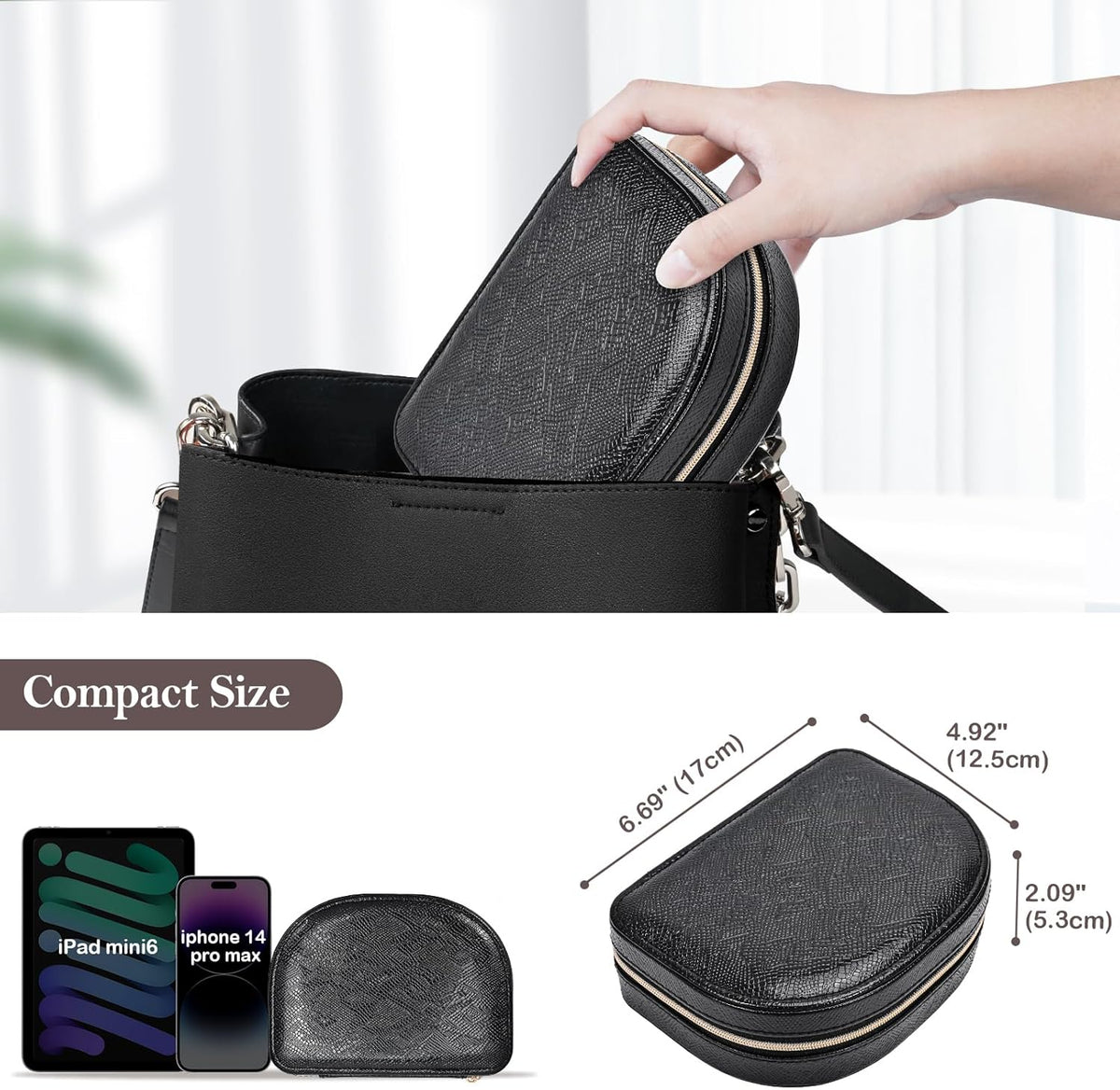 Travel Size Jewelry Box, Medium Portable Seashell-Shaped Jewelry Case, 2 Layer Jewelry Organizer in PU Leather for Women -Black