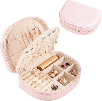 Travel Size Jewelry Box, Medium Portable Seashell-Shaped Jewelry Case, 2 Layer Jewelry Organizer in PU Leather for Women -Black