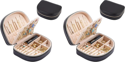 Travel Size Jewelry Box, Medium Portable Seashell-Shaped Jewelry Case, 2 Layer Jewelry Organizer in PU Leather for Women -Black