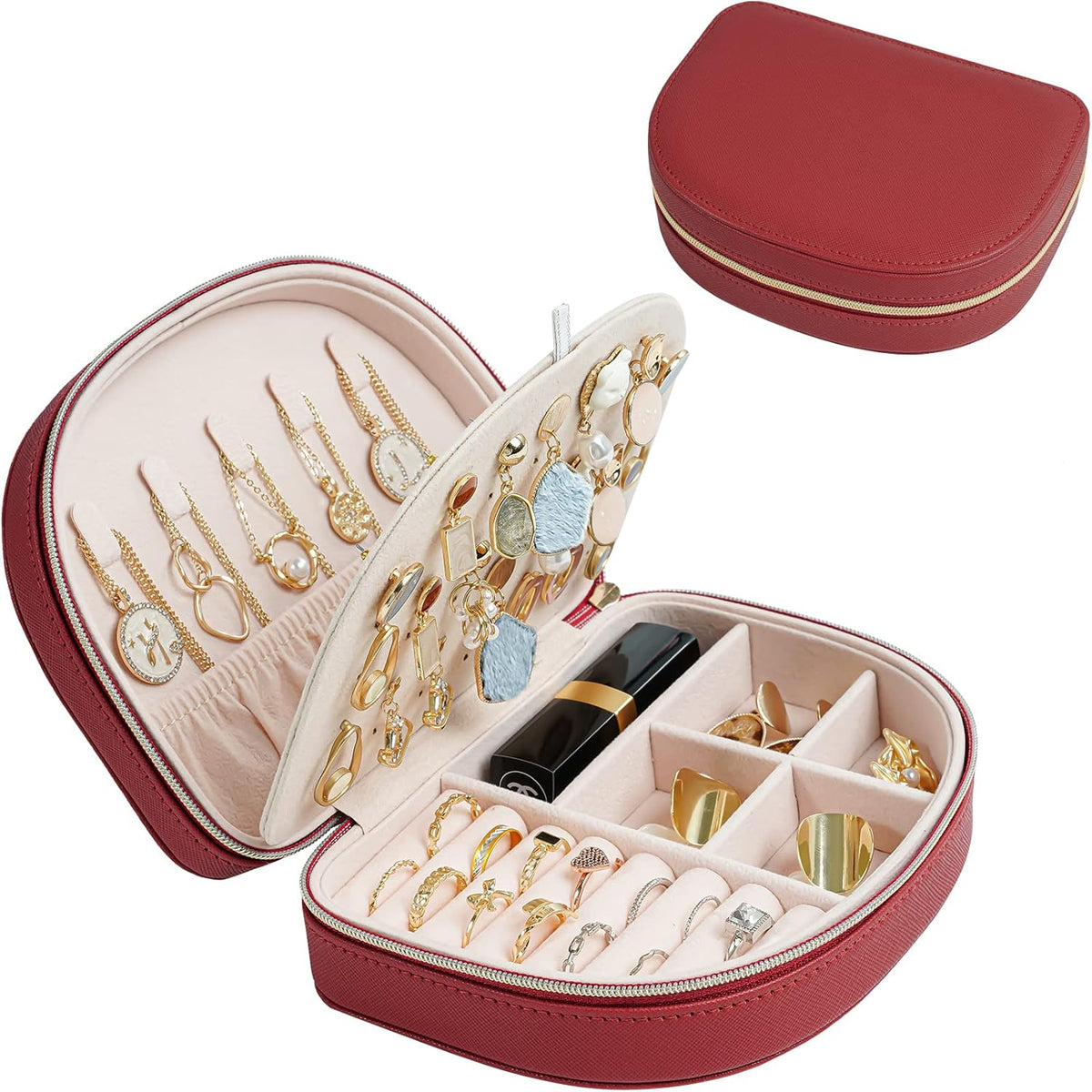 Travel Size Jewelry Box, Medium Portable Seashell-Shaped Jewelry Case, 2 Layer Jewelry Organizer in PU Leather for Women -Black