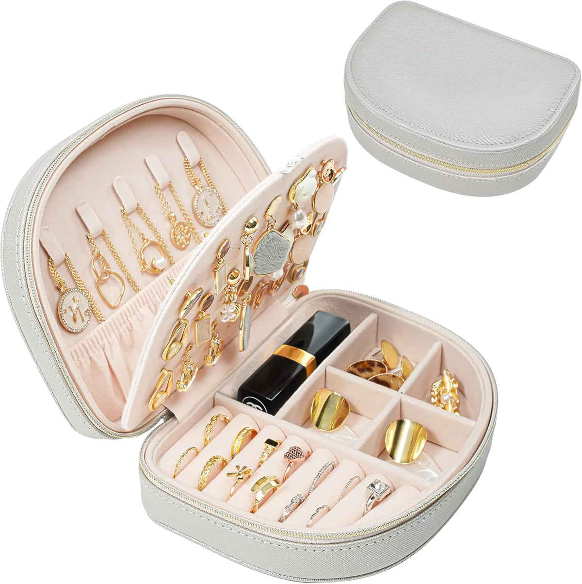 Travel Size Jewelry Box, Medium Portable Seashell-Shaped Jewelry Case, 2 Layer Jewelry Organizer in PU Leather for Women -Black