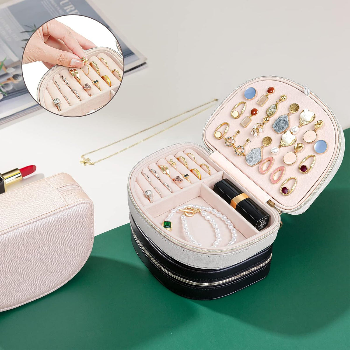Travel Size Jewelry Box, Medium Portable Seashell-Shaped Jewelry Case, 2 Layer Jewelry Organizer in PU Leather for Women -Black