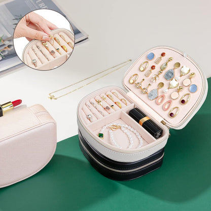 Travel Size Jewelry Box, Medium Portable Seashell-Shaped Jewelry Case, 2 Layer Jewelry Organizer in PU Leather for Women -Black