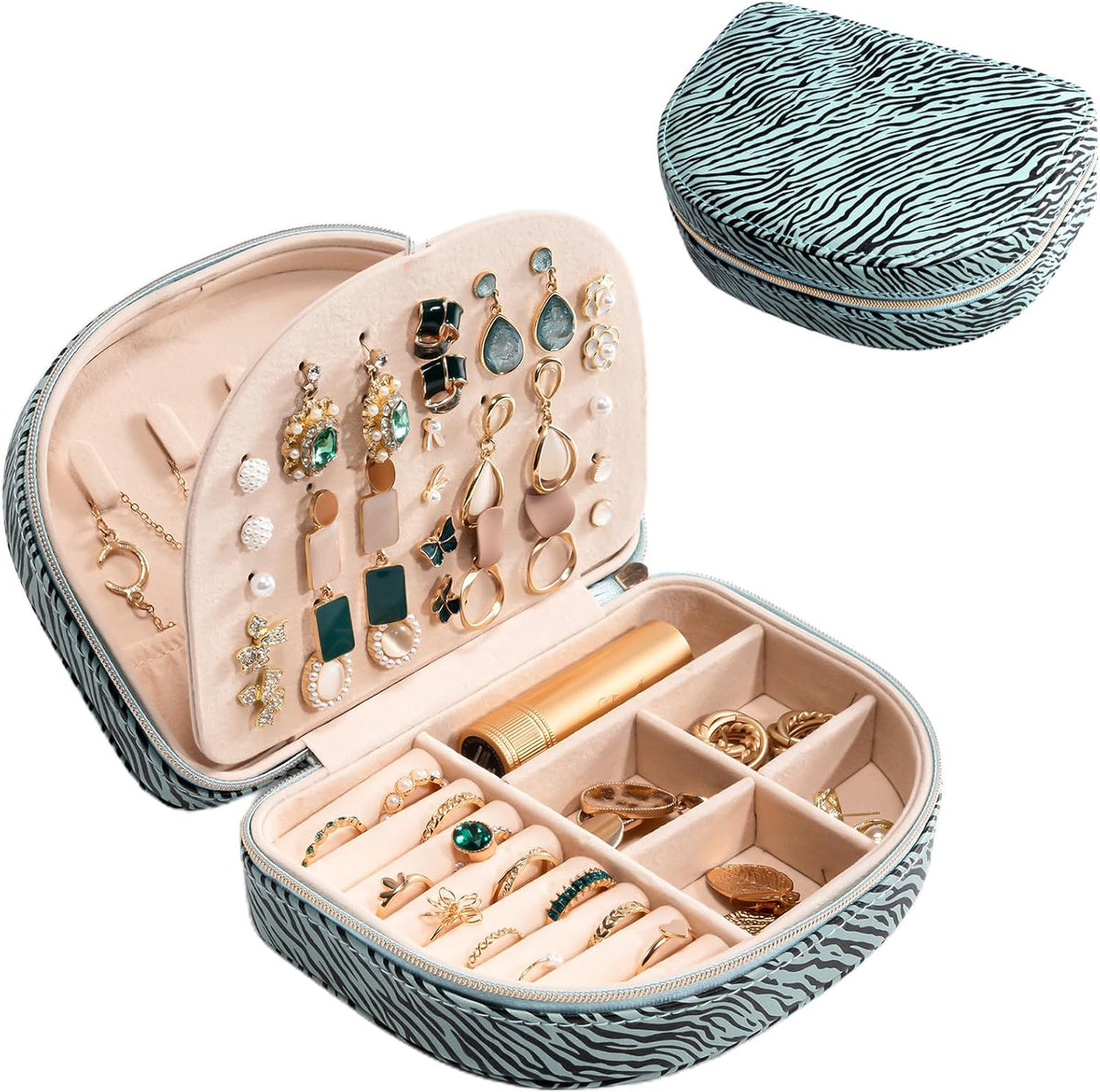Travel Size Jewelry Box, Medium Portable Seashell-Shaped Jewelry Case, 2 Layer Jewelry Organizer in PU Leather for Women -Black