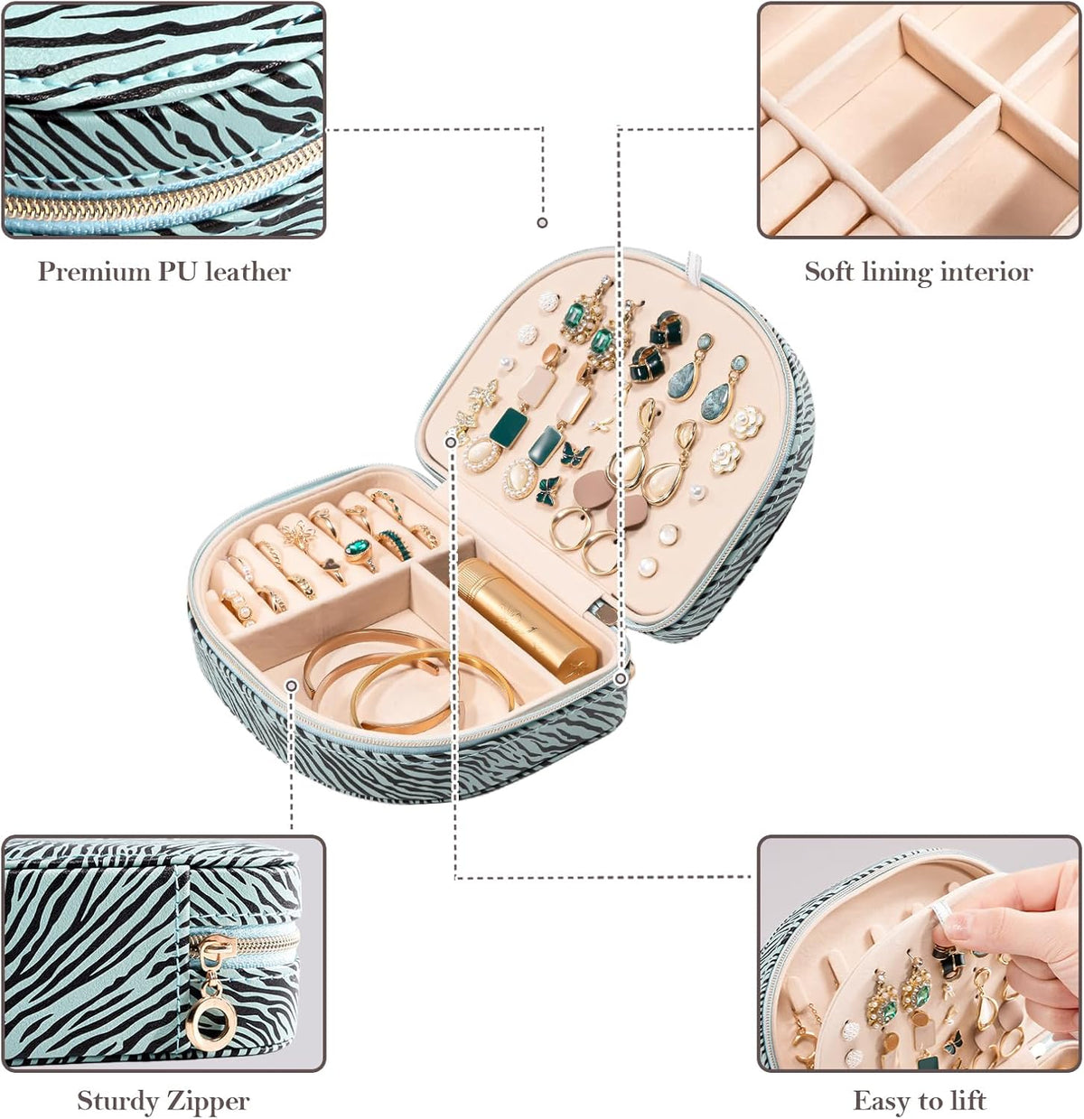 Travel Size Jewelry Box, Medium Portable Seashell-Shaped Jewelry Case, 2 Layer Jewelry Organizer in PU Leather for Women -Black