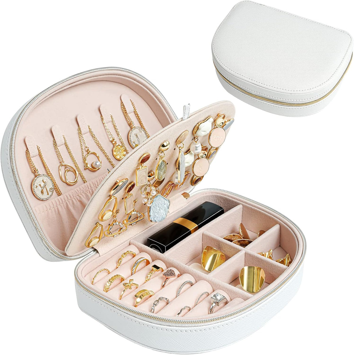 Travel Size Jewelry Box, Medium Portable Seashell-Shaped Jewelry Case, 2 Layer Jewelry Organizer in PU Leather for Women -Black