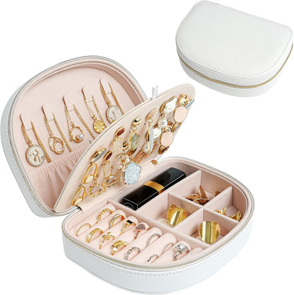 Travel Size Jewelry Box, Medium Portable Seashell-Shaped Jewelry Case, 2 Layer Jewelry Organizer in PU Leather for Women -Black