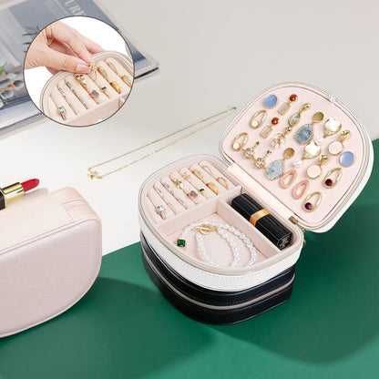 Travel Size Jewelry Box, Medium Portable Seashell-Shaped Jewelry Case, 2 Layer Jewelry Organizer in PU Leather for Women -Black