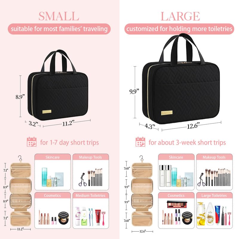Travel Toiletry Bag - Hanging Toiletry Bag for Women & Men, Makeup Bag/Big Comparment, Waterproof for Travel Accessories, Travel Essentials, Medium, Black