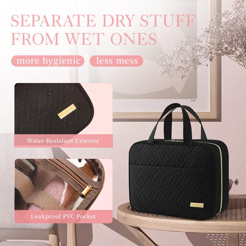 Travel Toiletry Bag - Hanging Toiletry Bag for Women & Men, Makeup Bag/Big Comparment, Waterproof for Travel Accessories, Travel Essentials, Medium, Black