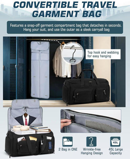 Convertible Garment Bags for Travel, 45L Garment Duffle bag for Hanging Clothes, 3 in 1 Suit Travel Bag for Business Trips with Shoulder Strap, Carry On Suit Luggage for Men Women, Black
