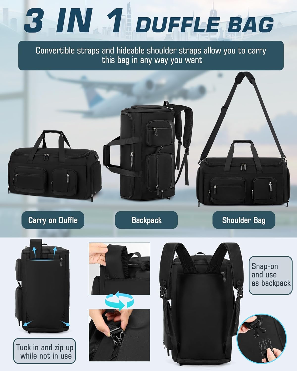 Convertible Garment Bags for Travel, 45L Garment Duffle bag for Hanging Clothes, 3 in 1 Suit Travel Bag for Business Trips with Shoulder Strap, Carry On Suit Luggage for Men Women, Black