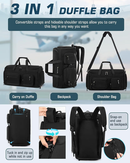 Convertible Garment Bags for Travel, 45L Garment Duffle bag for Hanging Clothes, 3 in 1 Suit Travel Bag for Business Trips with Shoulder Strap, Carry On Suit Luggage for Men Women, Black