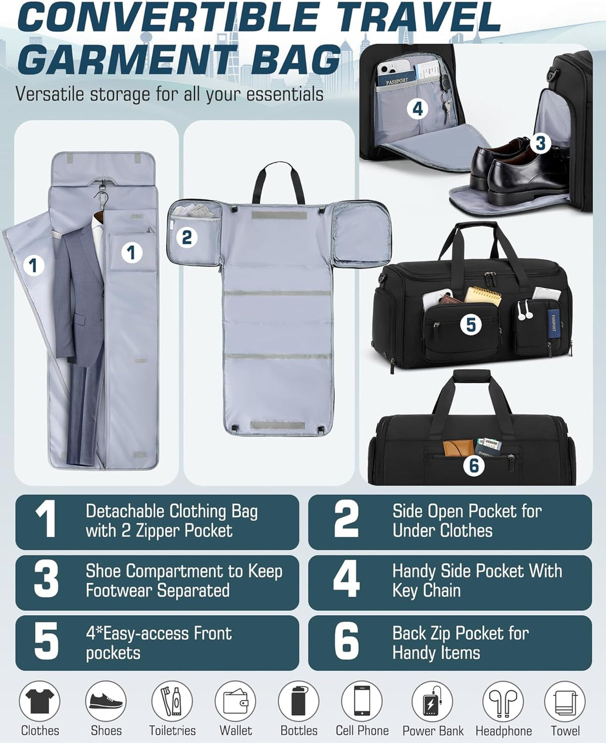 Convertible Garment Bags for Travel, 45L Garment Duffle bag for Hanging Clothes, 3 in 1 Suit Travel Bag for Business Trips with Shoulder Strap, Carry On Suit Luggage for Men Women, Black