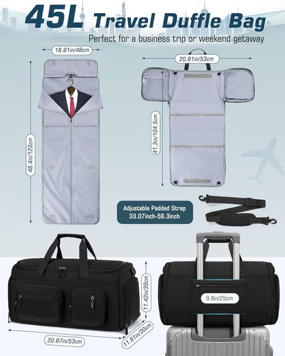 Convertible Garment Bags for Travel, 45L Garment Duffle bag for Hanging Clothes, 3 in 1 Suit Travel Bag for Business Trips with Shoulder Strap, Carry On Suit Luggage for Men Women, Black