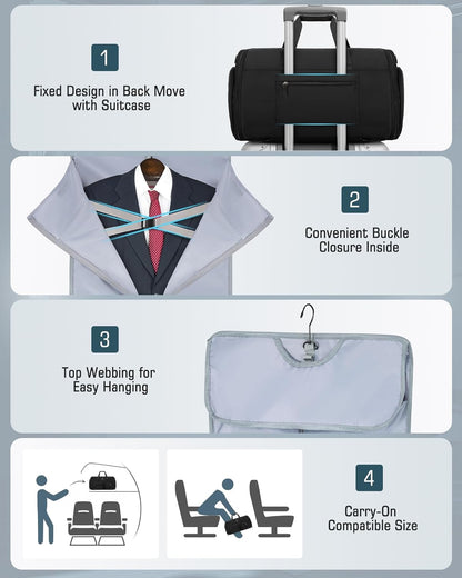 Convertible Garment Bags for Travel, 45L Garment Duffle bag for Hanging Clothes, 3 in 1 Suit Travel Bag for Business Trips with Shoulder Strap, Carry On Suit Luggage for Men Women, Black