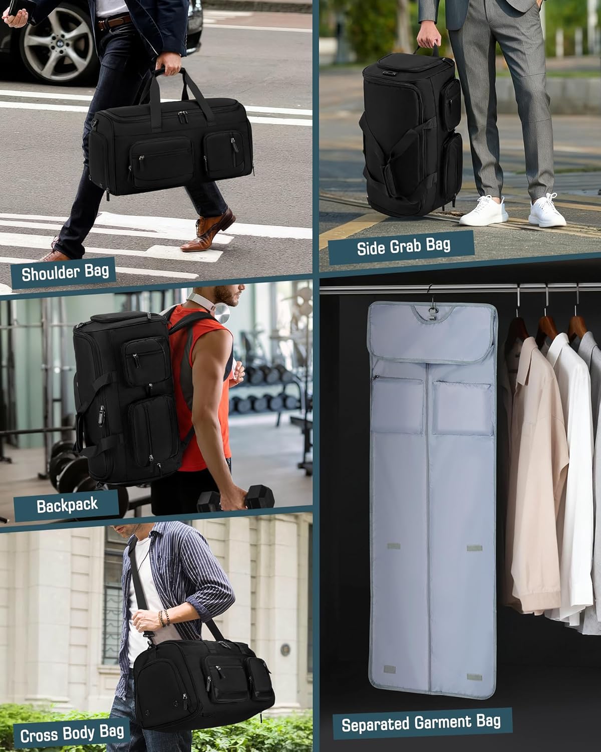 Convertible Garment Bags for Travel, 45L Garment Duffle bag for Hanging Clothes, 3 in 1 Suit Travel Bag for Business Trips with Shoulder Strap, Carry On Suit Luggage for Men Women, Black