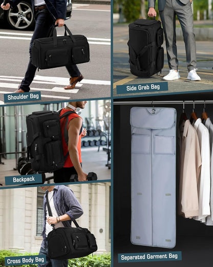 Convertible Garment Bags for Travel, 45L Garment Duffle bag for Hanging Clothes, 3 in 1 Suit Travel Bag for Business Trips with Shoulder Strap, Carry On Suit Luggage for Men Women, Black