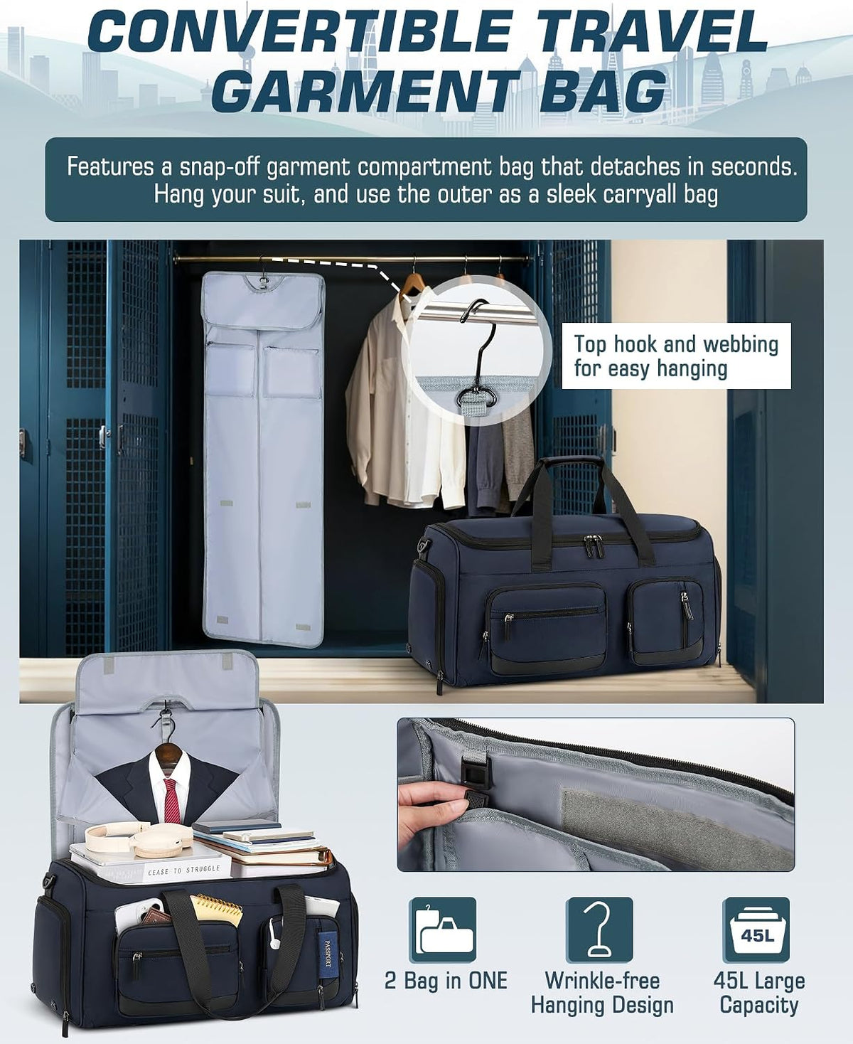 Convertible Garment Bags for Travel, 45L Garment Duffle bag for Hanging Clothes, 3 in 1 Suit Travel Bag for Business Trips with Shoulder Strap, Carry On Suit Luggage for Men Women, Black