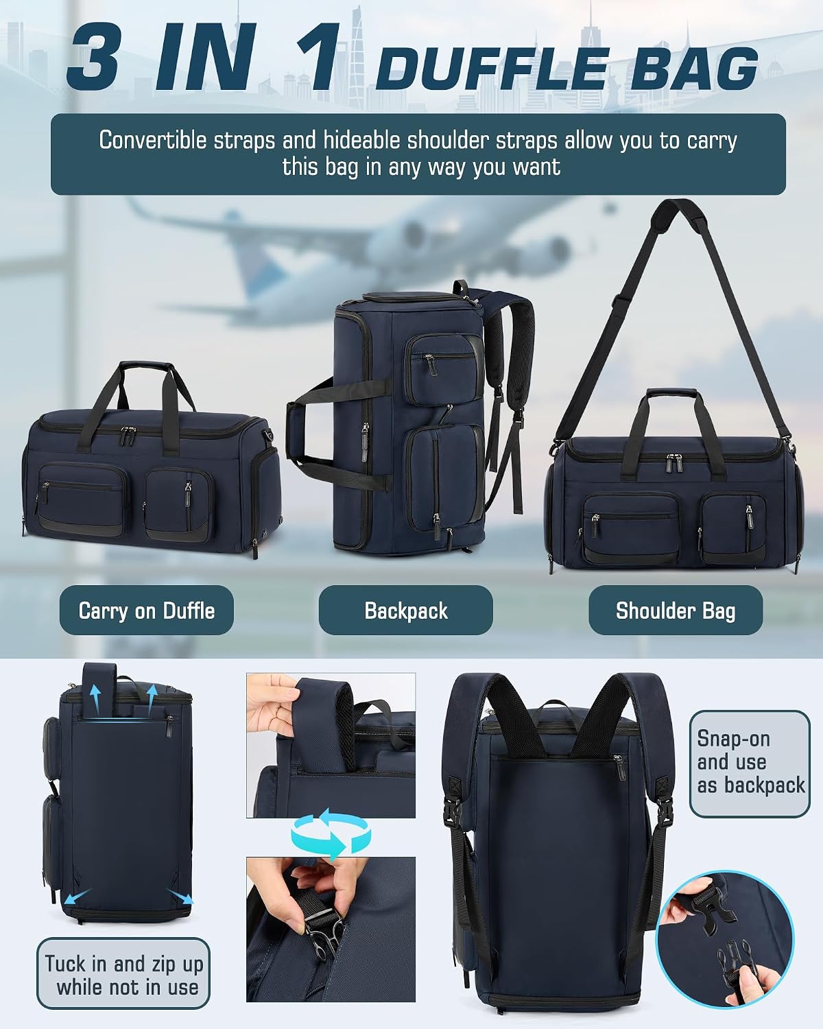 Convertible Garment Bags for Travel, 45L Garment Duffle bag for Hanging Clothes, 3 in 1 Suit Travel Bag for Business Trips with Shoulder Strap, Carry On Suit Luggage for Men Women, Black
