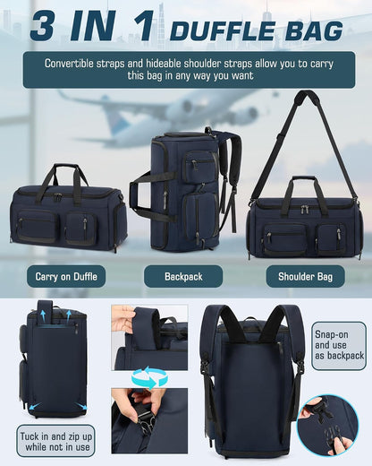 Convertible Garment Bags for Travel, 45L Garment Duffle bag for Hanging Clothes, 3 in 1 Suit Travel Bag for Business Trips with Shoulder Strap, Carry On Suit Luggage for Men Women, Black