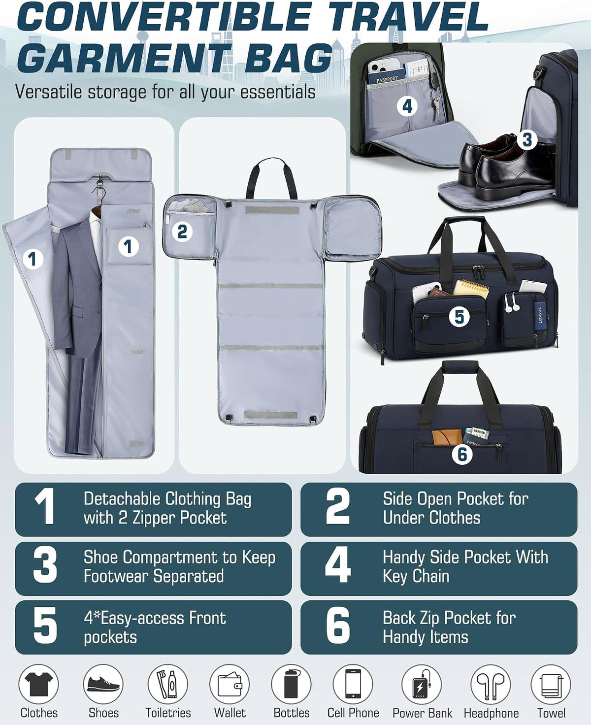 Convertible Garment Bags for Travel, 45L Garment Duffle bag for Hanging Clothes, 3 in 1 Suit Travel Bag for Business Trips with Shoulder Strap, Carry On Suit Luggage for Men Women, Black