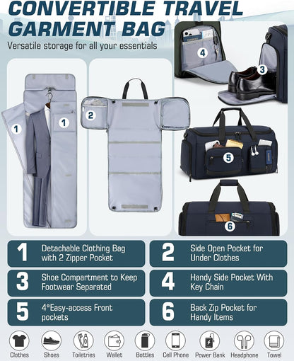 Convertible Garment Bags for Travel, 45L Garment Duffle bag for Hanging Clothes, 3 in 1 Suit Travel Bag for Business Trips with Shoulder Strap, Carry On Suit Luggage for Men Women, Black