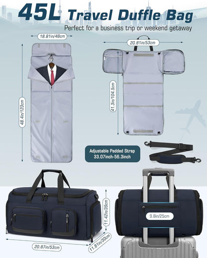 Convertible Garment Bags for Travel, 45L Garment Duffle bag for Hanging Clothes, 3 in 1 Suit Travel Bag for Business Trips with Shoulder Strap, Carry On Suit Luggage for Men Women, Black