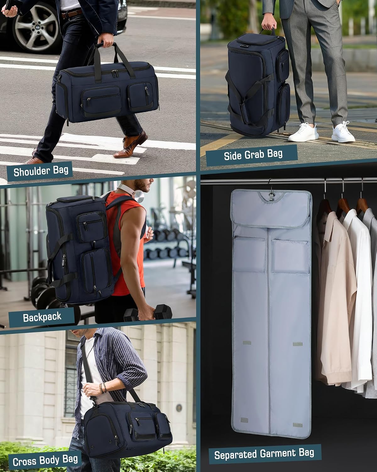 Convertible Garment Bags for Travel, 45L Garment Duffle bag for Hanging Clothes, 3 in 1 Suit Travel Bag for Business Trips with Shoulder Strap, Carry On Suit Luggage for Men Women, Black