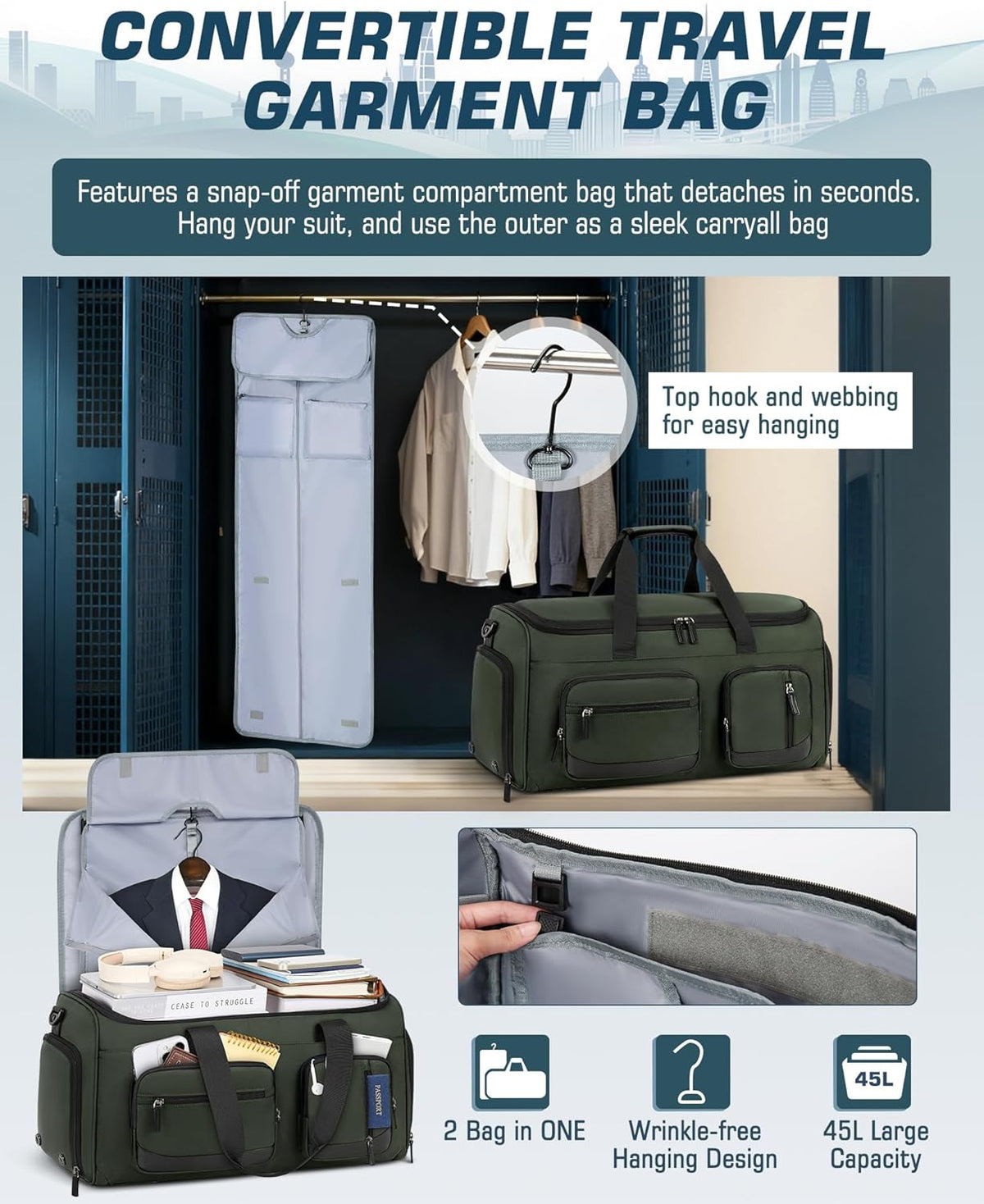 Convertible Garment Bags for Travel, 45L Garment Duffle bag for Hanging Clothes, 3 in 1 Suit Travel Bag for Business Trips with Shoulder Strap, Carry On Suit Luggage for Men Women, Black