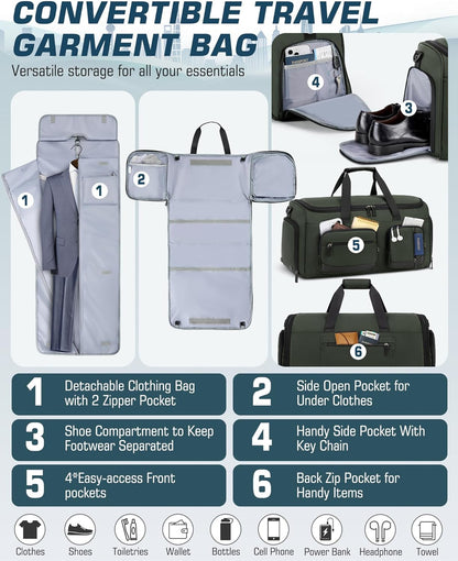 Convertible Garment Bags for Travel, 45L Garment Duffle bag for Hanging Clothes, 3 in 1 Suit Travel Bag for Business Trips with Shoulder Strap, Carry On Suit Luggage for Men Women, Black