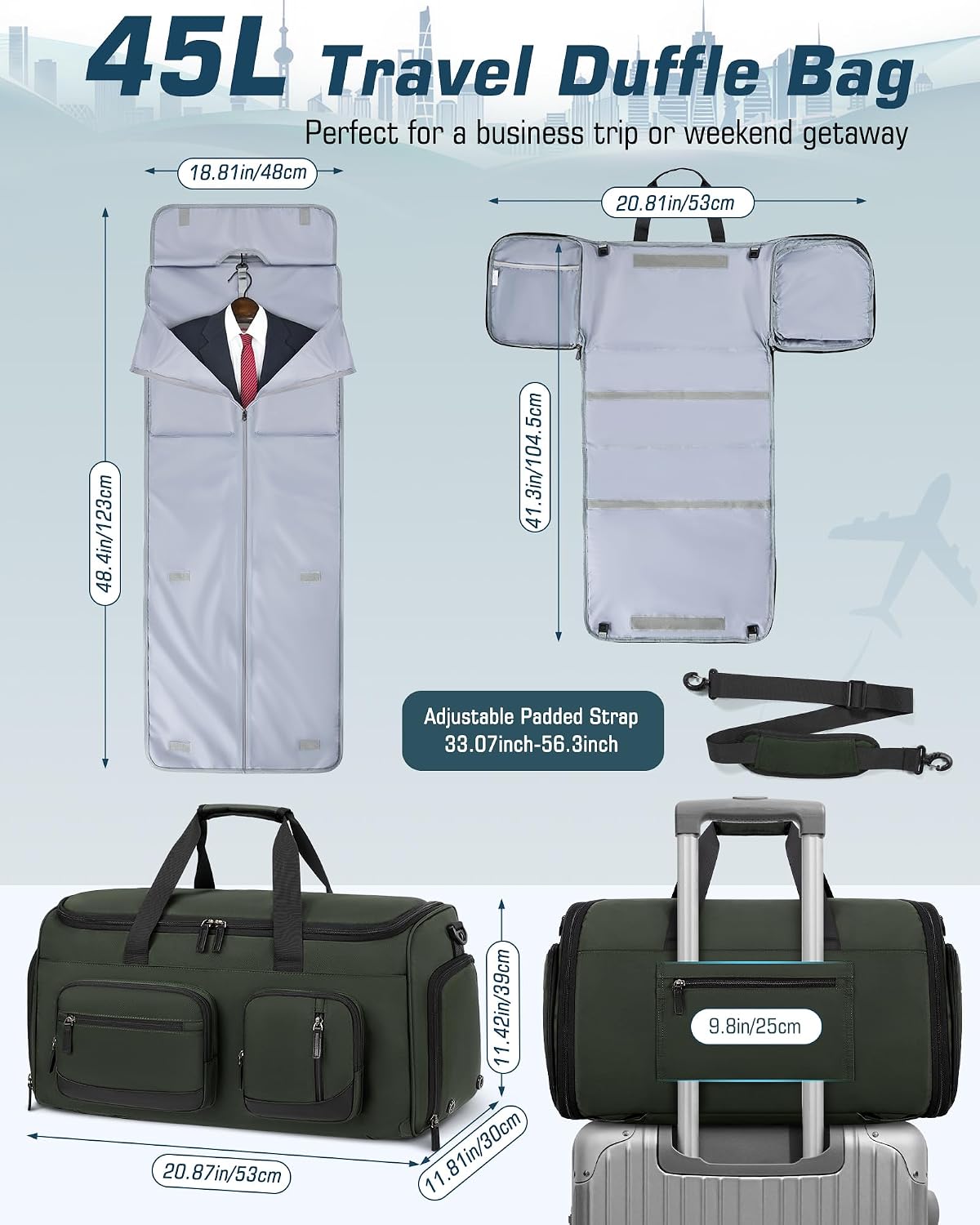 Convertible Garment Bags for Travel, 45L Garment Duffle bag for Hanging Clothes, 3 in 1 Suit Travel Bag for Business Trips with Shoulder Strap, Carry On Suit Luggage for Men Women, Black