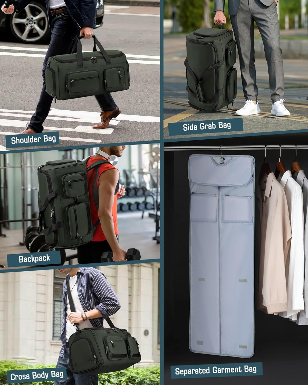 Convertible Garment Bags for Travel, 45L Garment Duffle bag for Hanging Clothes, 3 in 1 Suit Travel Bag for Business Trips with Shoulder Strap, Carry On Suit Luggage for Men Women, Black