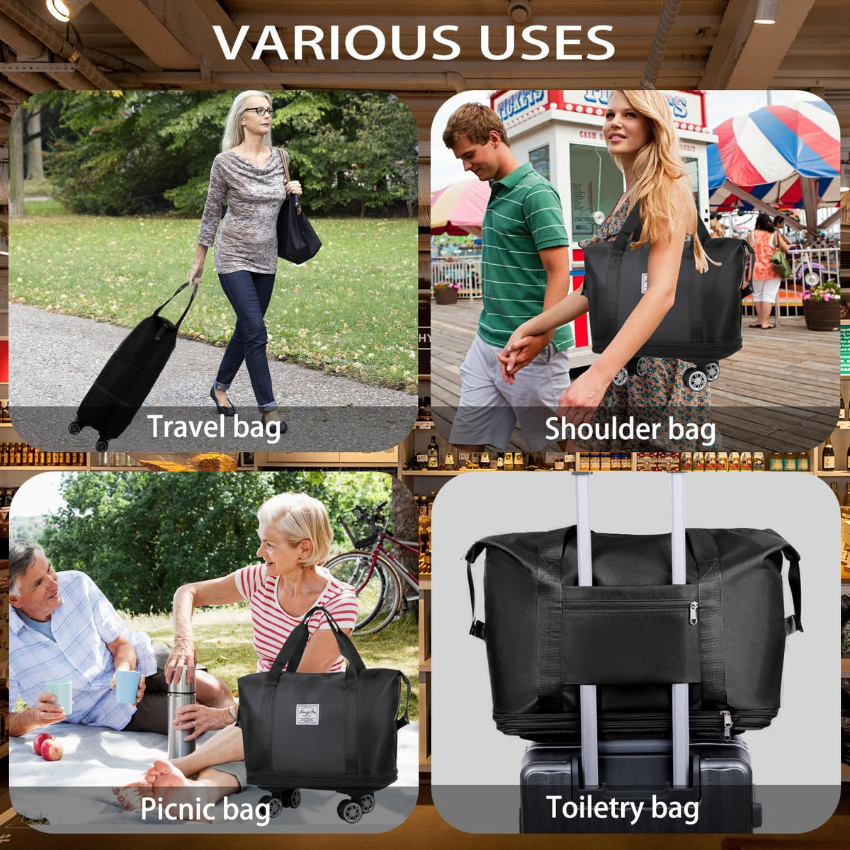 Rolling Duffel Bag with Wheels, Expandable Large Travel Luggage Lightweight & Durable Foldable Carry-On Bag with Removable Wheels for Shopping, Gym, Camping and Trave (Purple)