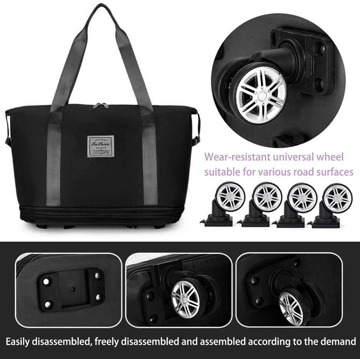 Rolling Duffel Bag with Wheels, Expandable Large Travel Luggage Lightweight & Durable Foldable Carry-On Bag with Removable Wheels for Shopping, Gym, Camping and Trave (Purple)