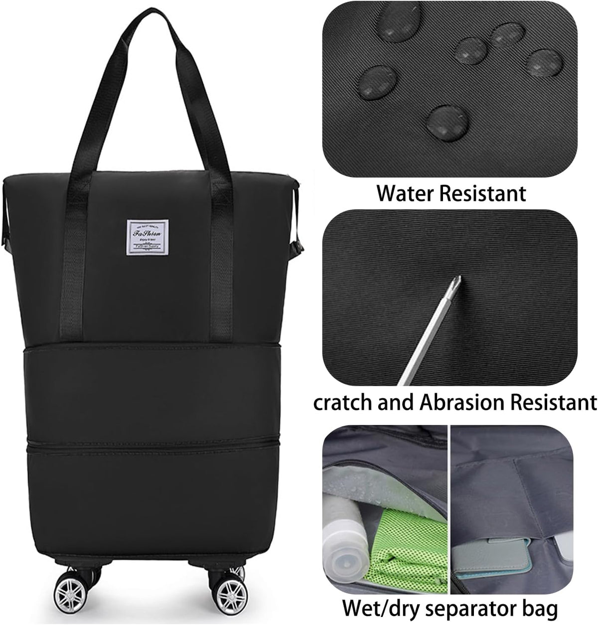 Rolling Duffel Bag with Wheels, Expandable Large Travel Luggage Lightweight & Durable Foldable Carry-On Bag with Removable Wheels for Shopping, Gym, Camping and Trave (Purple)